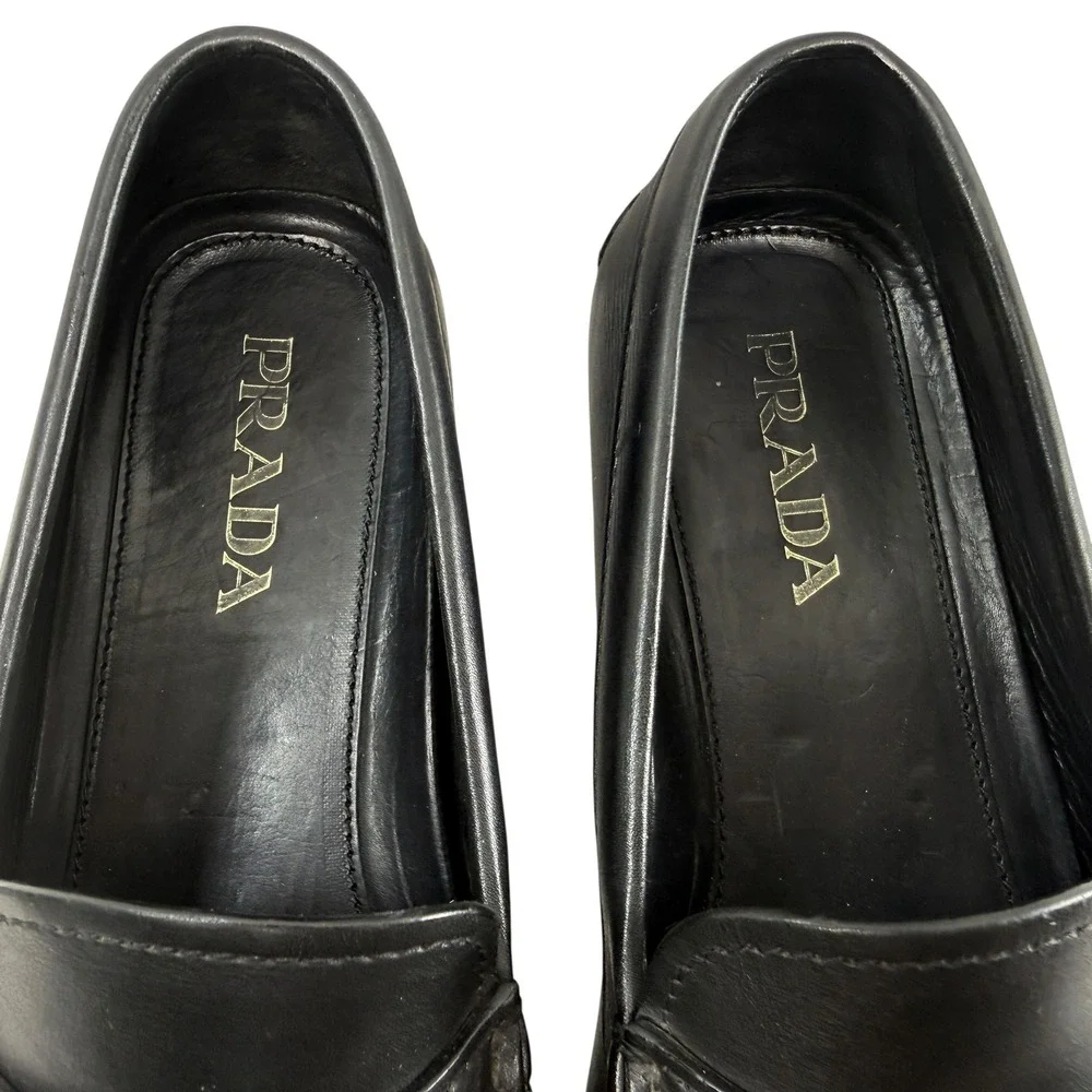 Prada Penny Loafers Driver Shoes Men's Size 8 Mens Black Leather Milano Logo - Picture 5 of 11